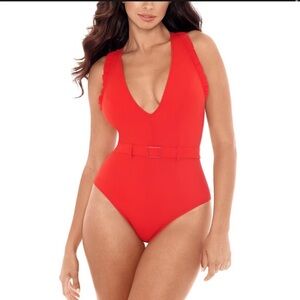 Skinny Dippers Jelly‎ Beans Cinch Ruffle Sleeve One Piece Swimsuit Red Size XL